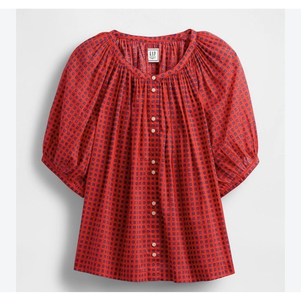GAP x Doen Women's Red Patterned Button-Front Puff Sleeve Blouse Medium M